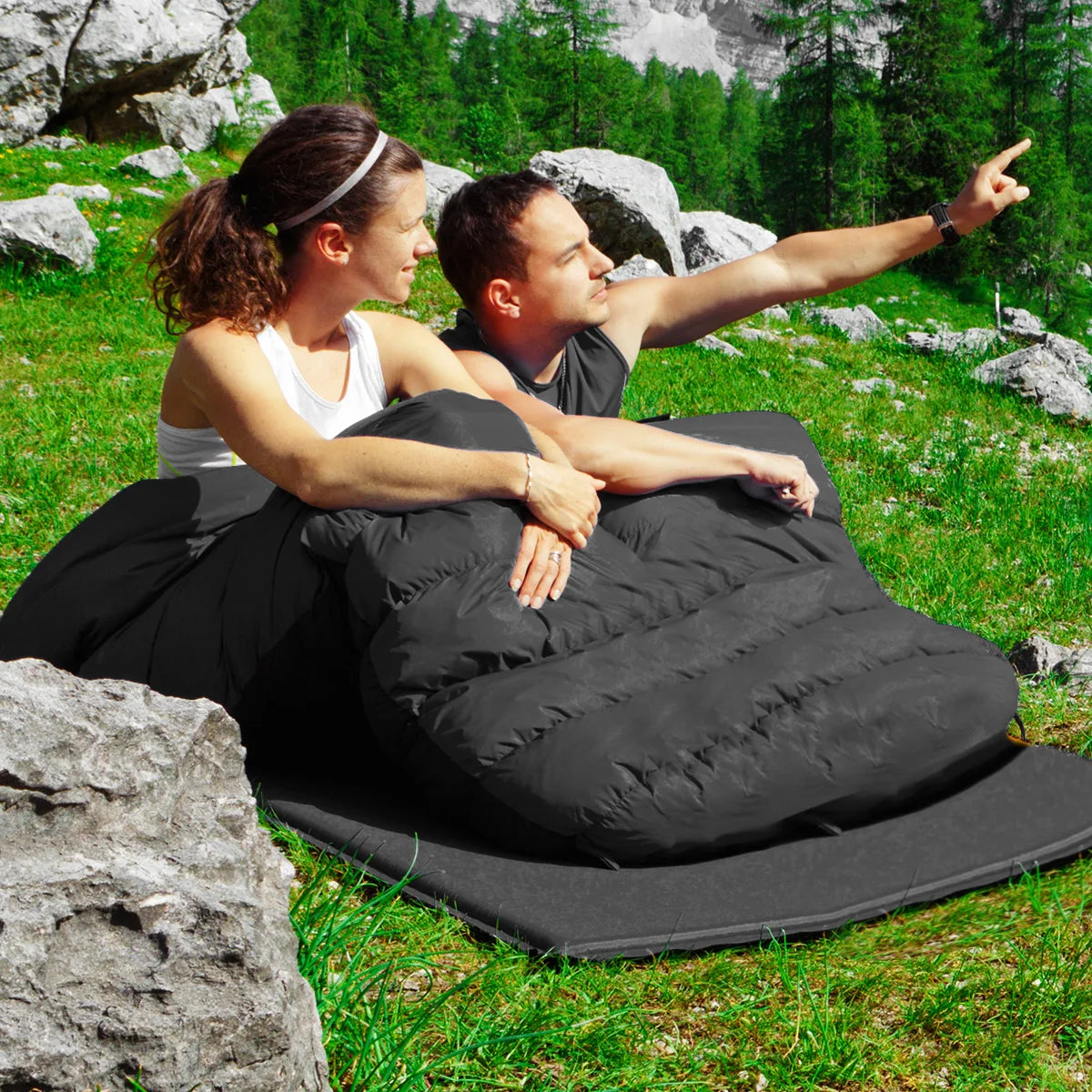 2 in 1 double sleeping bag, single sleeping bag XL, ceiling sleeping bag 2 persons/With 2 pillows/220x150cm/for camping, hiking