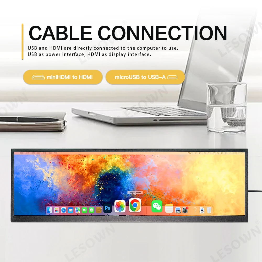 LESOWN Long Bar 12.7 12.6 inch Monitor 120Hz 2880x864 IPS Touch HDMI Type C Sensor Panel LCD Data Ancillary Screen Temp Display