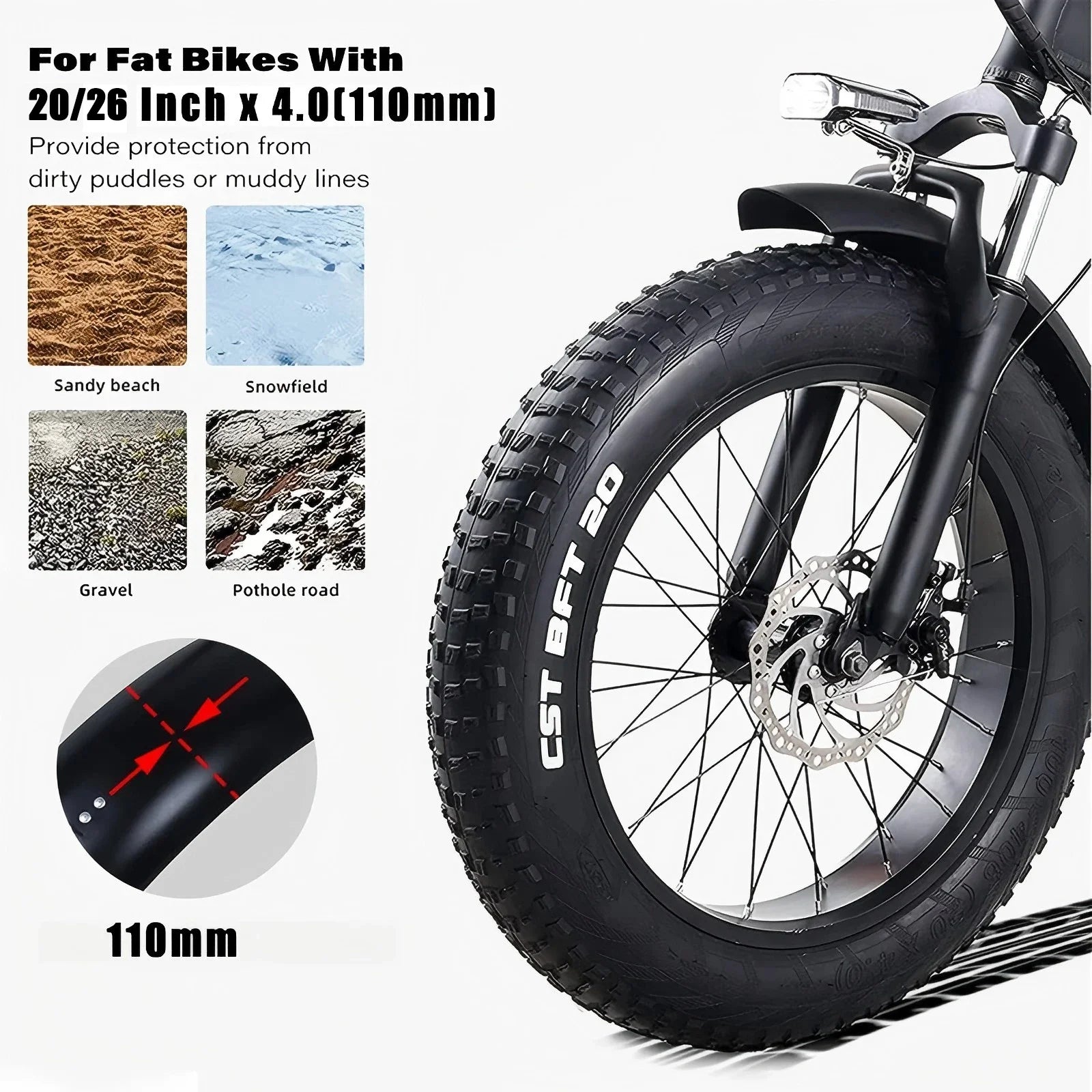 Fat Tire Mountain Bike Mudguard Snow Bicycle Full Coverage Front and Rear Fender Set for Fat Tire Bike E-Bike (20/26x4.0 INCH)