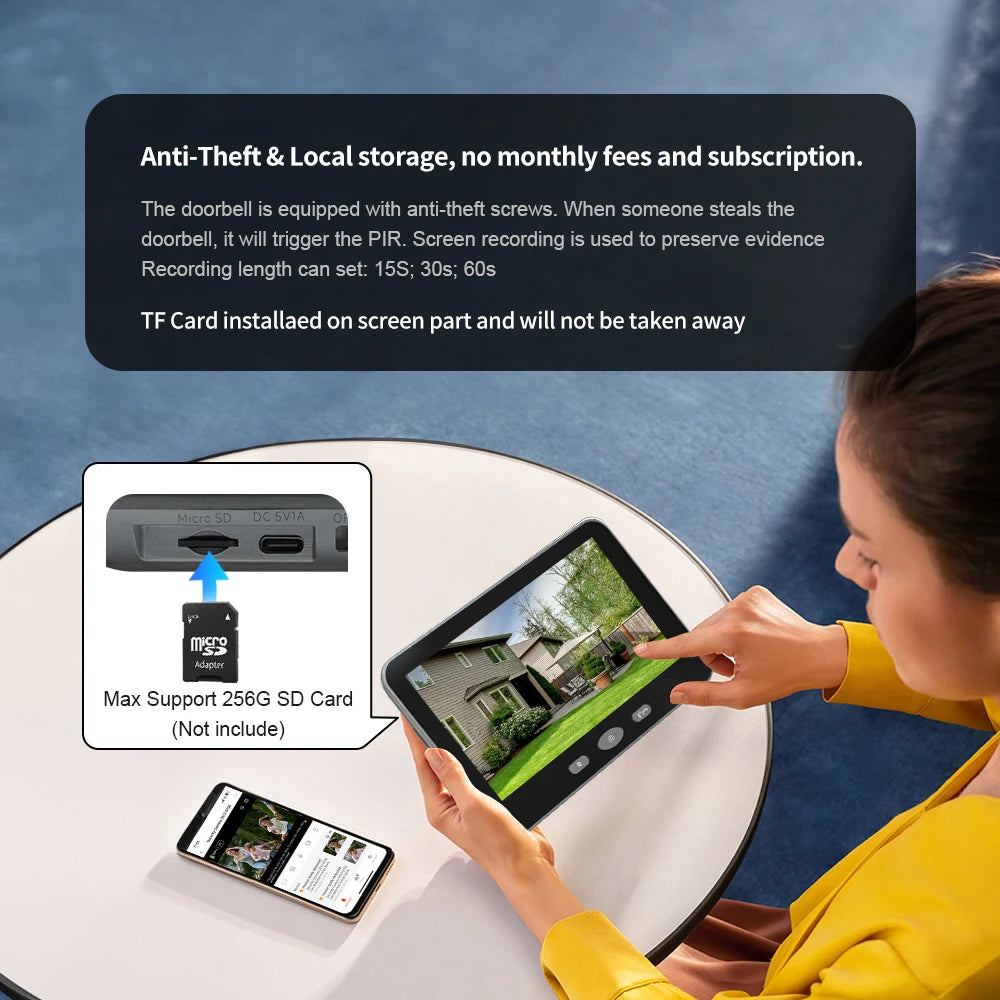 Tuya Smart Wireless Doorbell Camera Outdoor WiFi Audio Video Door Phone Intercom System 1080P 5'' Monitor Screen No Monthly Fees