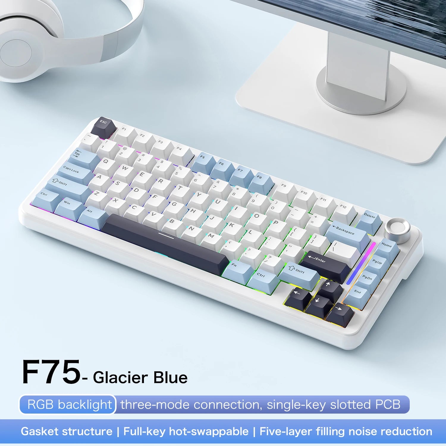 F75 Gaming Mechanical Keyboard, 2.4G Wireless/Bluetooth/Wired ,RGB Customized, Gasket Structure,Windows/Macos/Linux