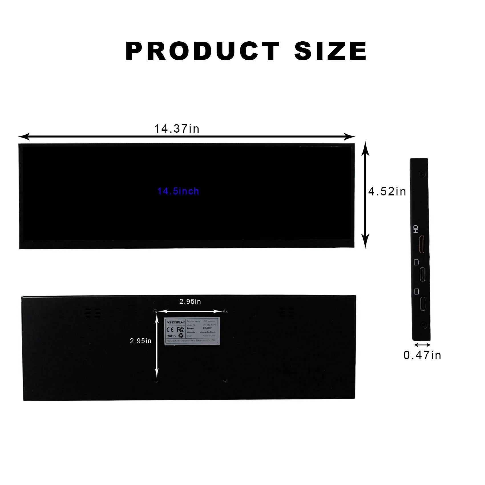14.5inch 2560x720 2K IPS Touch LCD Monitor ,Type C HD-MI Video Input With Metal Shell