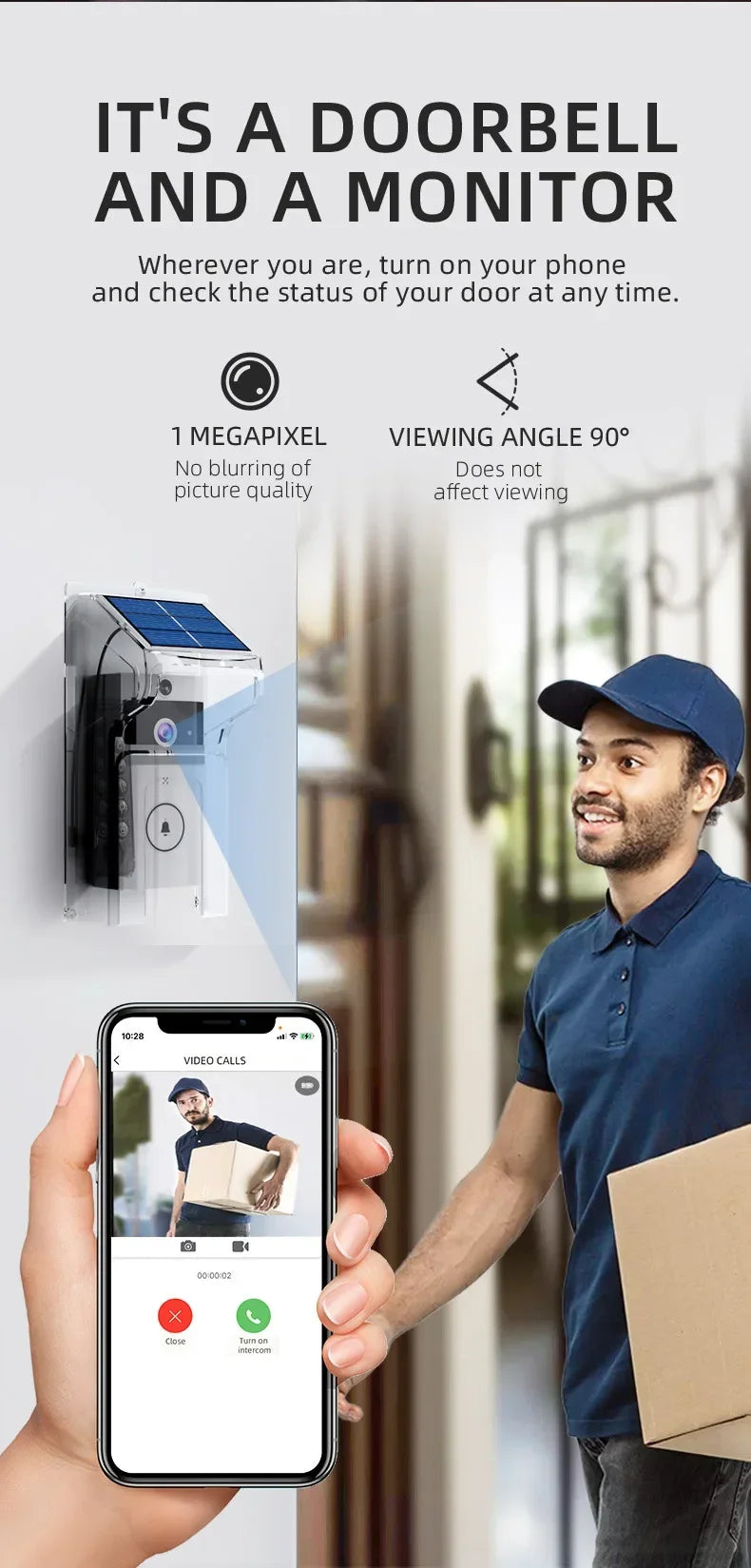 Outdoor Wireless Doorbell with Solar Cover Camera Wifi Digital Door Peepholes Waterproof Smart Home Intercom Video Eye Ring Bell