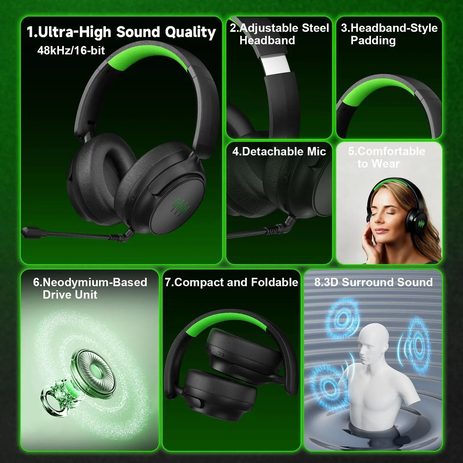 Wireless Gaming Headset for Xbox/PC/Switch Game/Chat Audio,Foldable,Detachable Mic,3D Surround Sound Plug & Play Game Headphone
