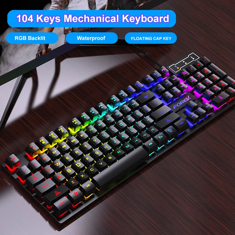 104 Keys Mechanical feel Keyboard Wired Gaming Keyboard for Laptop Desktop Ergonomics RGB Backlit LED Keycaps PC Accessories