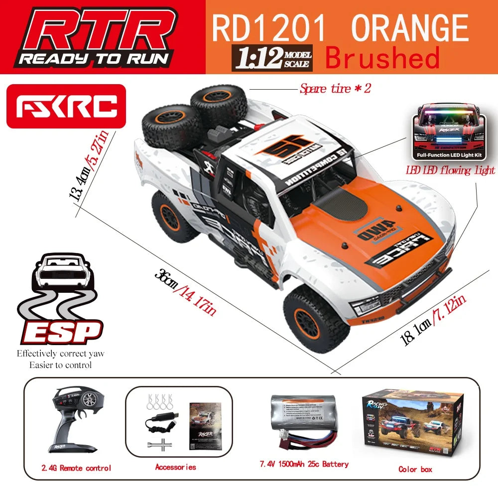 Hb-Rd1201-1204 1:12 Scale 4WD High-Speed Remote Control Car with LED Light 2.4GHz Frequency 45km/h RC Short Truck Toy Model