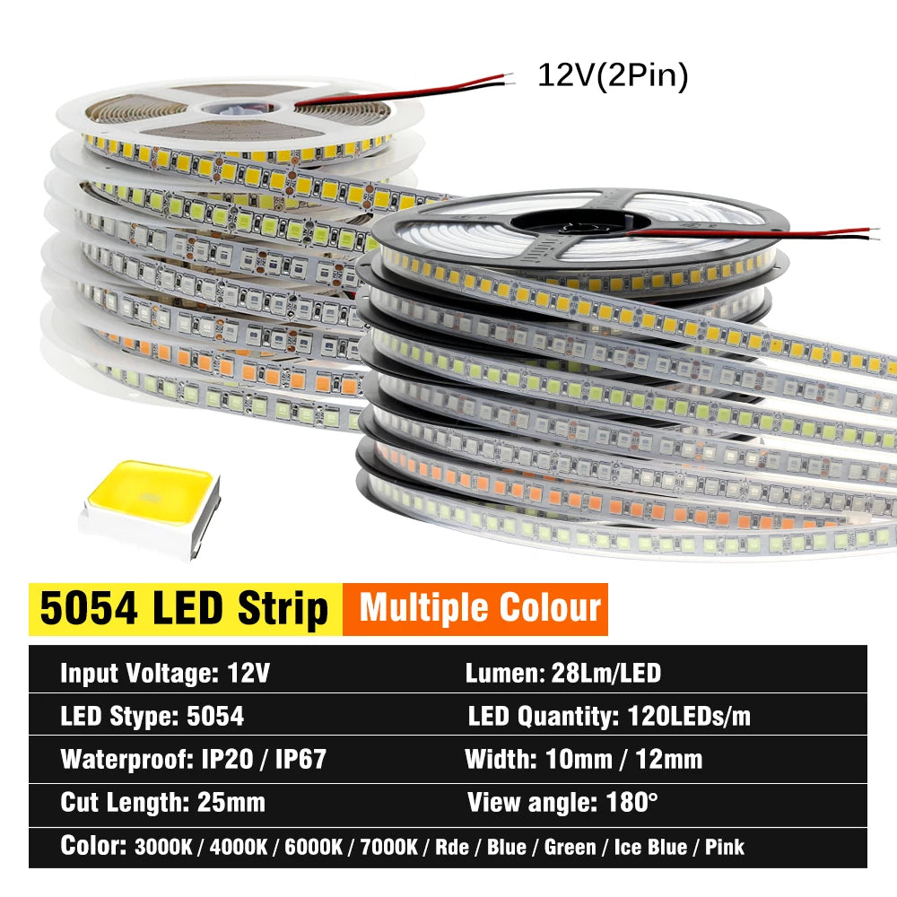 LED Strip 5054 DC12V 120LEDs/m High Flexible Tape Light 3000K 4000K 6000K 7000K IP67 High Brightness LED Strip 5m/lot
