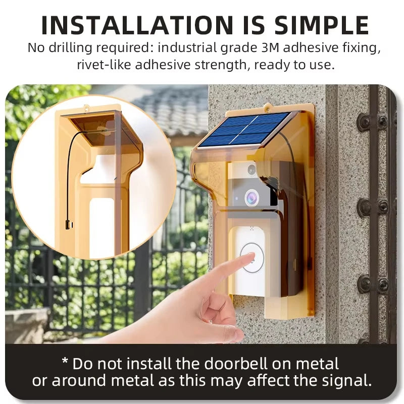 Outdoor Wireless Video Doorbell with Solar Cover Camera Wifi Digital Peephole Waterproof Smart Home Intercom Eye Ring Bell
