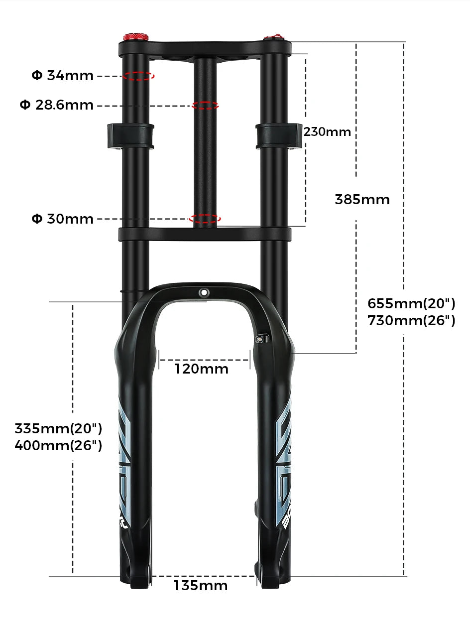 BOLANY Bicycle Snow Front Fork 20 inch 26 inch 4.0 Tire MTB Bike Fork 110mm Travel Double Shoulder Air Supension for E-Bike