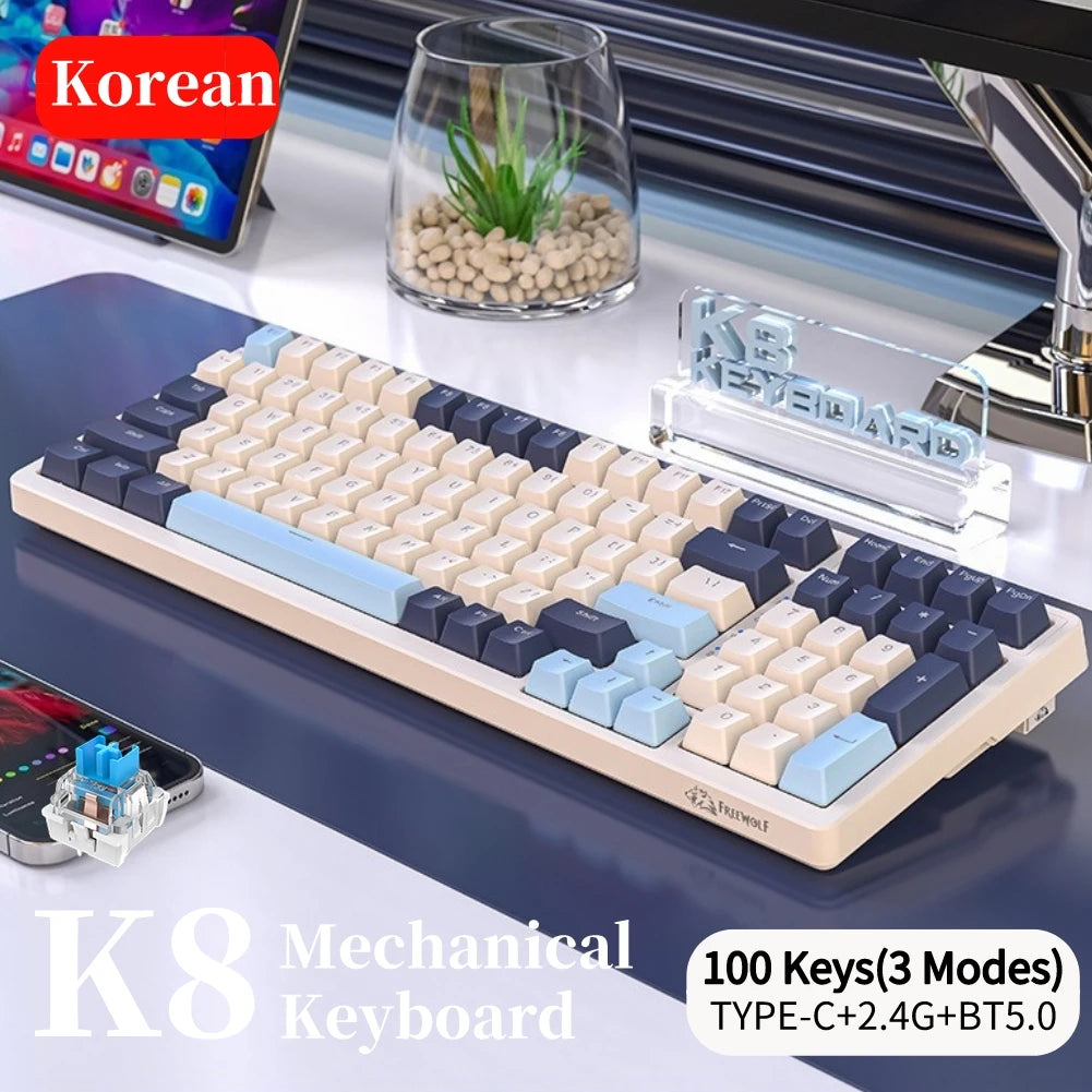 Korean K96 Mechanical Gaming Keyboard Wireless Wired Keyboard Bluetooth-compatible Gamer Keypad 100 Keys K6 Personalized Keycap