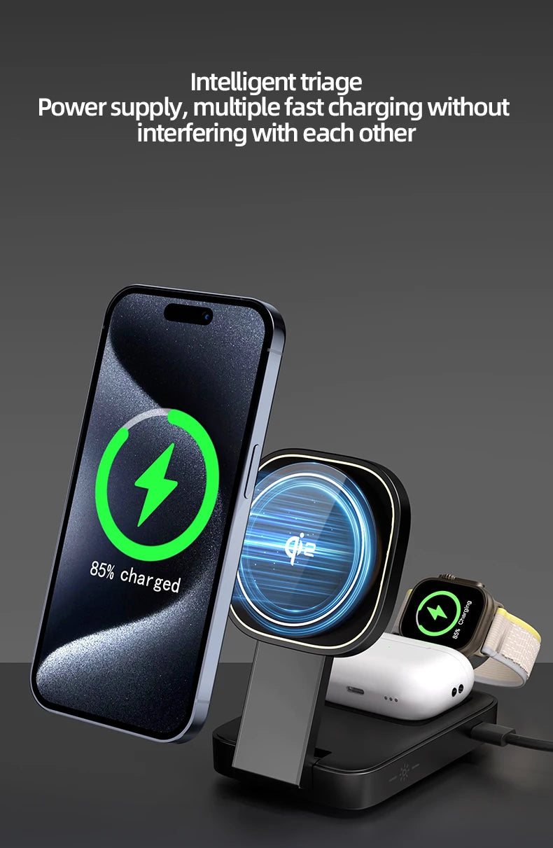 3in1 Magnetic Wireless Charger QI2 Magsafe Folding Wireless Charging Station for iphone 16 pro iWatch AirPods Wireless Charger