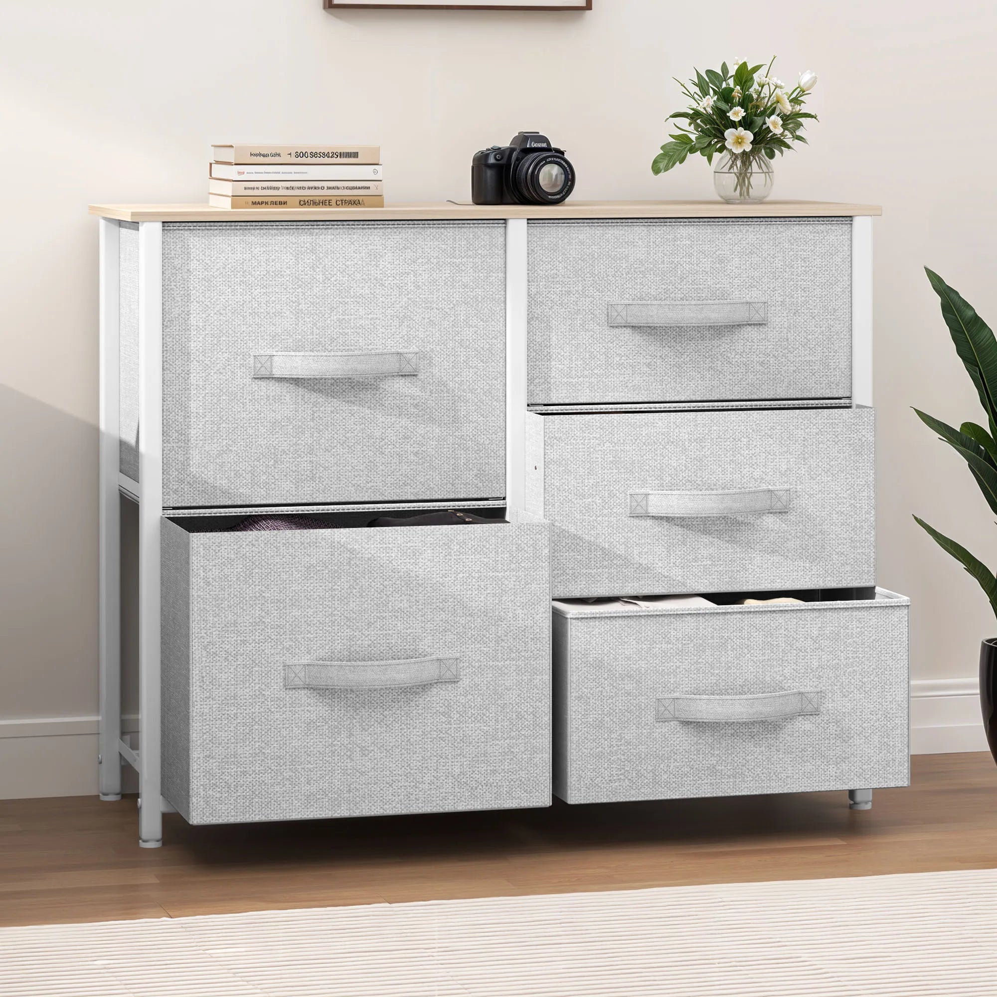 YITAHOME 5-Drawer Fabric Dresser - Steel Frame & Wood Top w/Easy-Pull Bins, for Bedroom, Living Room, Nursery (Cool Gray)