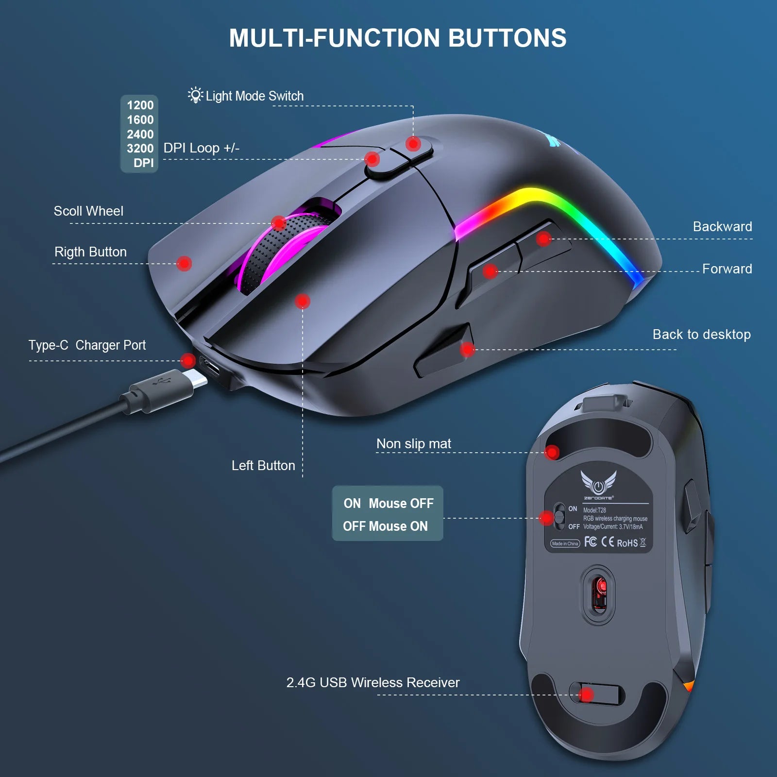 2.4G Wireless Mouse Ergonomic Adjustable 800-1200-1600 DPI Lightweight Rechargeable Office Gaming Mice For PC/Laptop/Macbook Pro