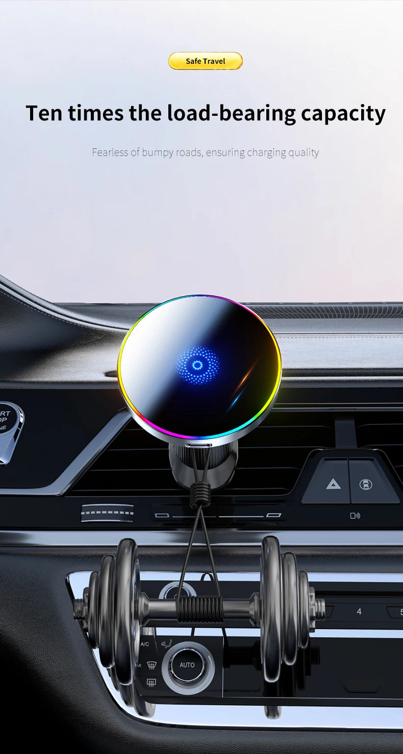 Car Magnetic Phone Holder Magnetic Wireless Car Charger Mount 15W Magnetic RGB LED Lights Magsafe Charger Base Accessories Phone