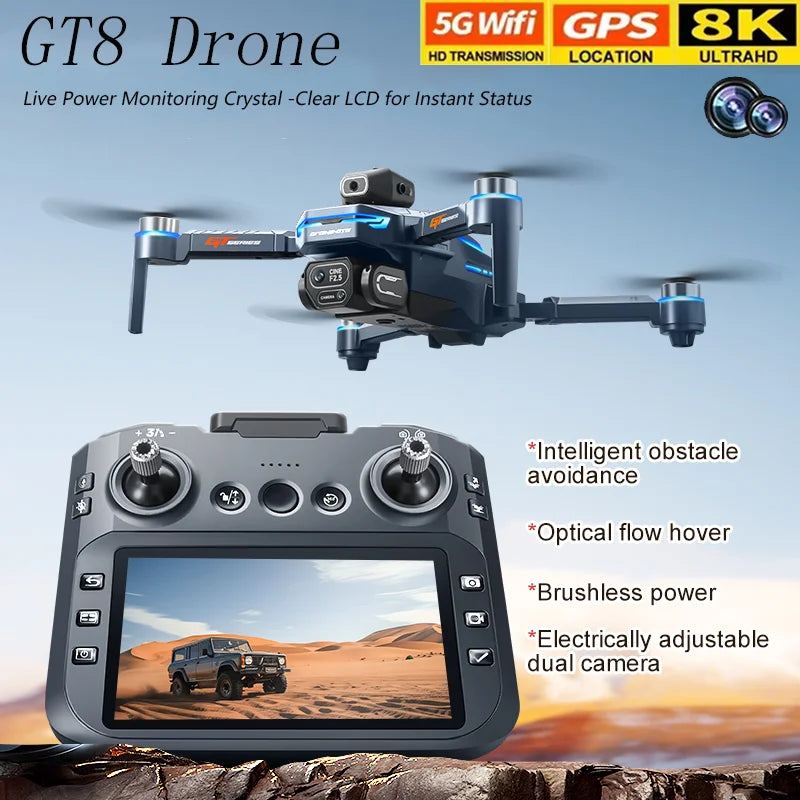 NEW GT8 Drone Obstacle Avoidance Belt 4.3-inch Screen Brushless 2.4G Optical Flow 8K HD Dual Camera Foldable Quadcopter Aircraft
