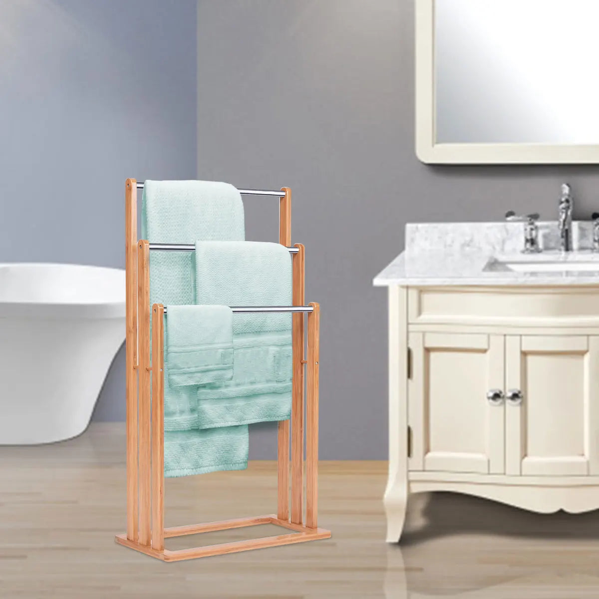 Towel Holder standing 3 stainless steel pole towel stand bamboo stand towel holder bathroom organizer