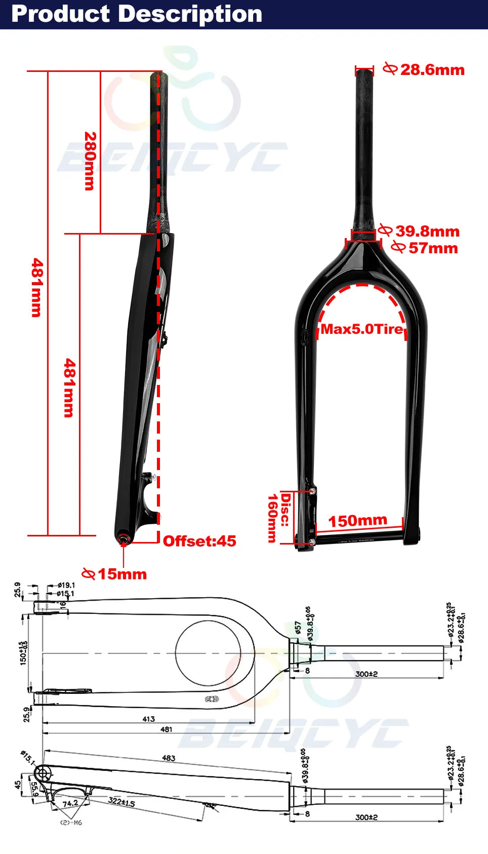 26ER Carbon FAT Bike Fork  Thru Axle 150*15MM Fat bike Snow 5.0 Tire Snow Fork Bicycle Front Fork Rigid