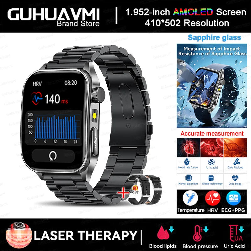 Smart Watch 650nm Dual probe laser health conditioning Blood oxygen Pressure Uric Acid Blood lipid ECG Smartwatch for Man Women