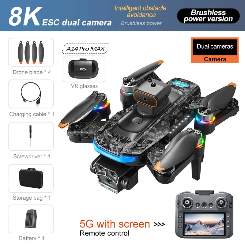 New A14ProMax 8K Drone 4.3Inch Screen Control GPS Brushless Motor Dual Camera Optical Flow Obstacle Avoidance Foldable RC UAV