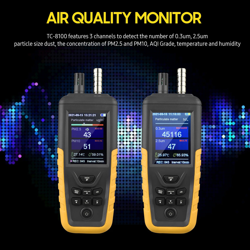 Dust Particle Counter Air Quality Monitor TC-8100 High Sensitivity 3-channel Pm0.3/2.5/10um Temperature and Humidity Monitor