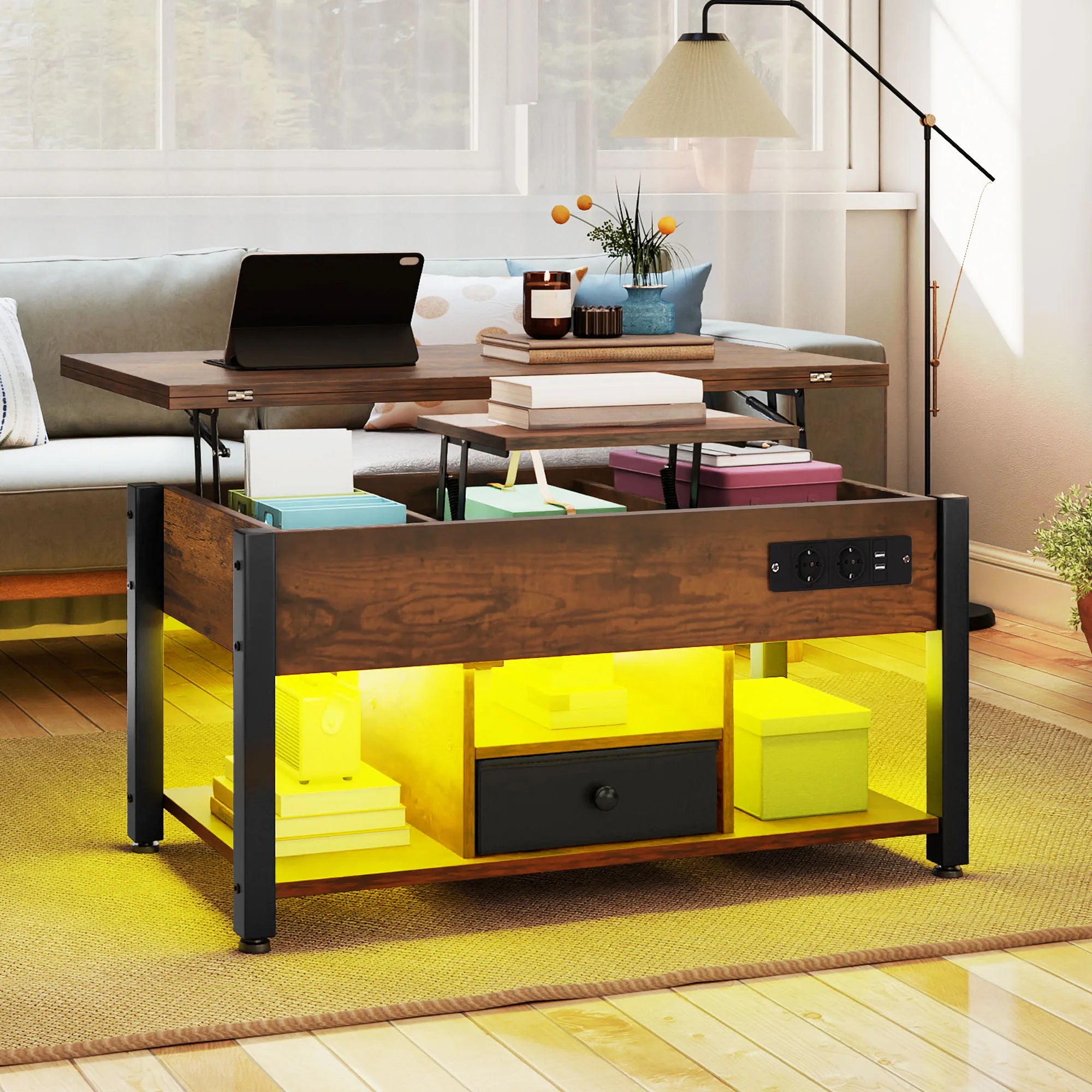 YITAHOME Vintage Brown 4-in-1 Coffee Table - Adjustable Height, Converts to Dining Table with Storage & LED Lighting