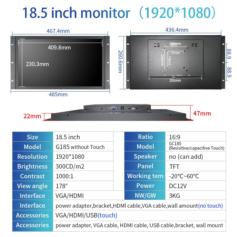 18.5 Inch 1920*1080 Industrial Touch Monitor HDMI VGA USB LCD Display VESA Wall Mount Open Frame Embedded Monitor For Equipment