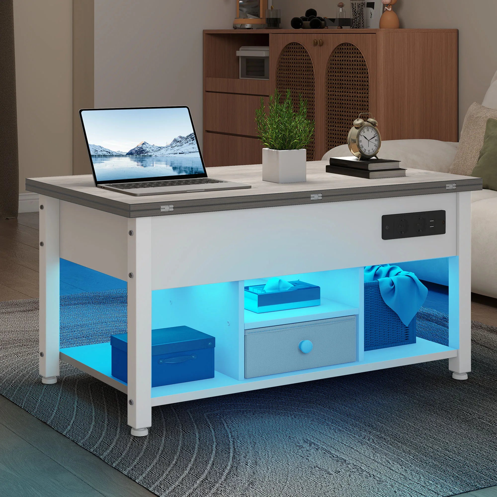 YITAHOME White & Grey 4-in-1 Coffee Table - Adjustable Height, Converts to Dining Table with Storage & LED Lighting