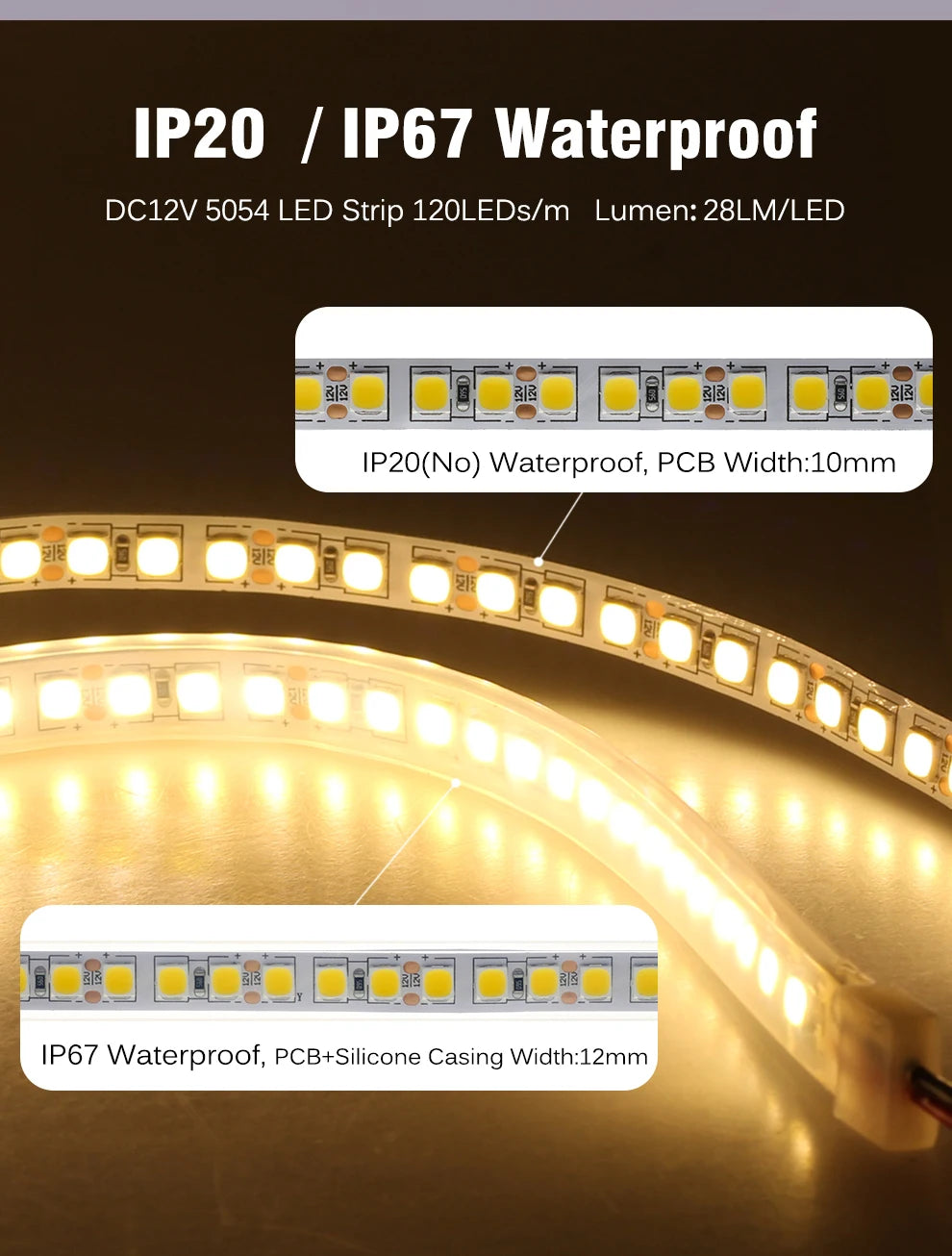 LED Strip 5054 DC12V 120LEDs/m High Flexible Tape Light 3000K 4000K 6000K 7000K IP67 High Brightness LED Strip 5m/lot