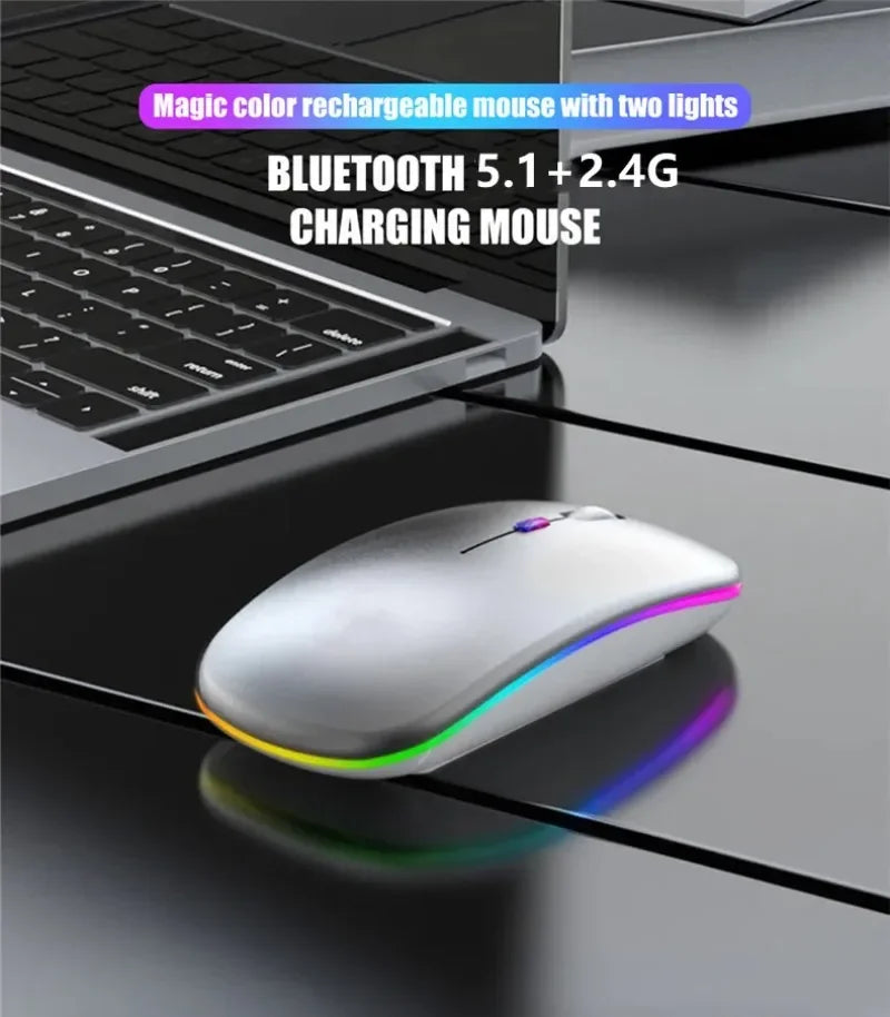 Rechargeable Wireless Mouse: Silent, LED Backlit, 2.4GHz Receiver + Bluetooth Dual Mode, Optical Mice for PC, Laptop & Computer