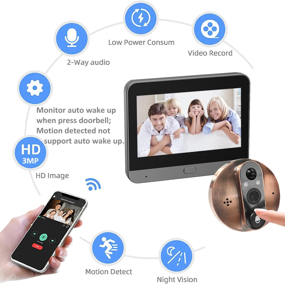 3MP Tuya Smart WiFi Door Bell Eye Peephole Camera Battery PIR Motion Detect Night Vision Digital Viewer Doorbell Smart Life APP