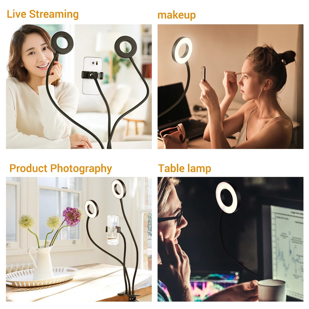 Dual Lights Led Ring Fill Light Flexiable USB Ring Light Fill-in Lamp Dimmable Ring Lamp with Phone Holder for Live Streaming