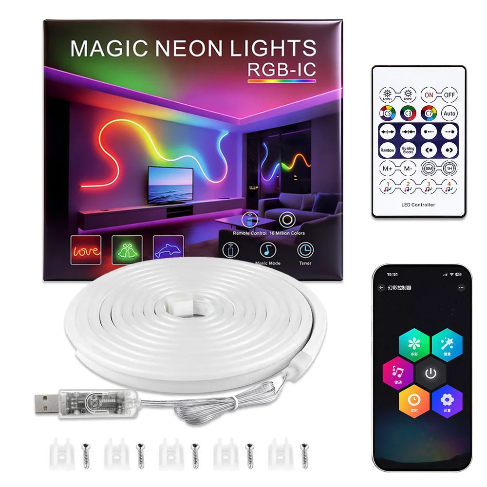LED Neon Light Strip RGBIC USB with Bluetooth APP Control Music Sync Waterproof Flexible Suitable for Game Room Party Decoration