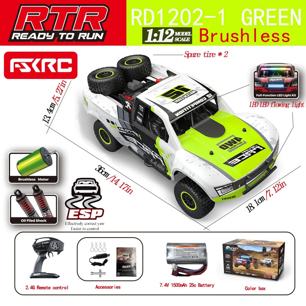 Hb-Rd1201-1204 1:12 Scale 4WD High-Speed Remote Control Car with LED Light 2.4GHz Frequency 45km/h RC Short Truck Toy Model