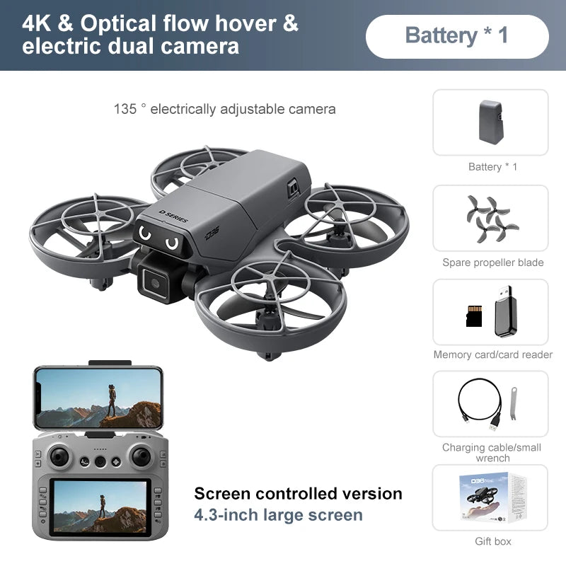 D36 Drone 4K HD Aerial Photography Dual Cameras Screen RC Quadcopter with Dynamic Lighting Optical Flow UAV Toys Gifts