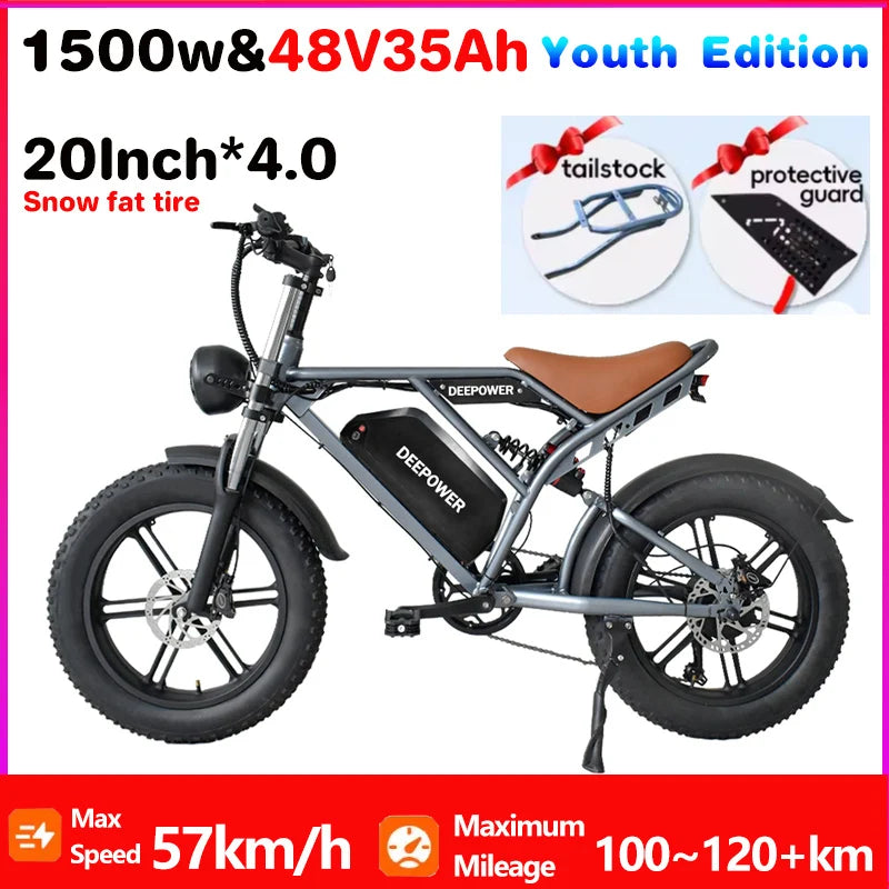 Electric Bike 48V60Ah 1500W 20 Inch Fat Tire Ebike for Adults Mountain Off-Road Dual Batteries Electric Bicycle free of duty