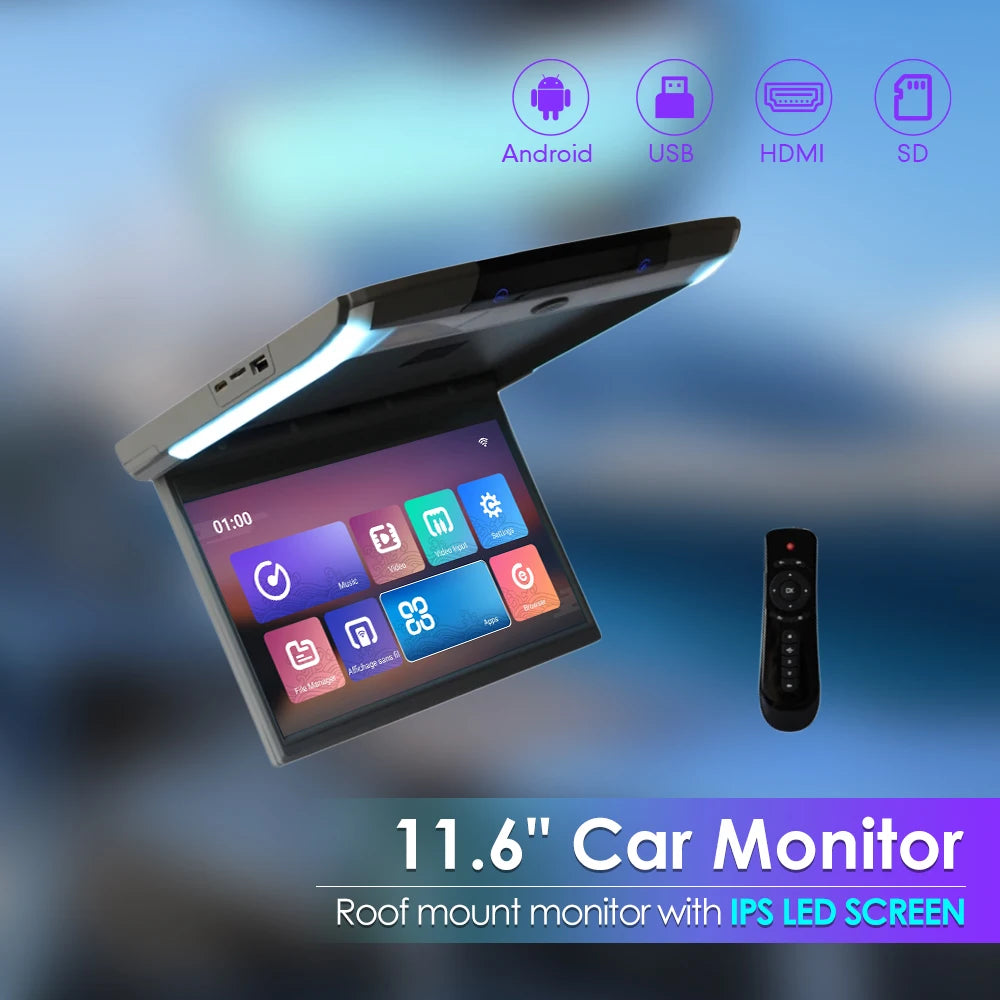 11.6 Inch Car Roof Monitor TV Flip Down 1080P Video HD Screen IPS Screen With Blue Ambient Light SD HDMI FM Android 10