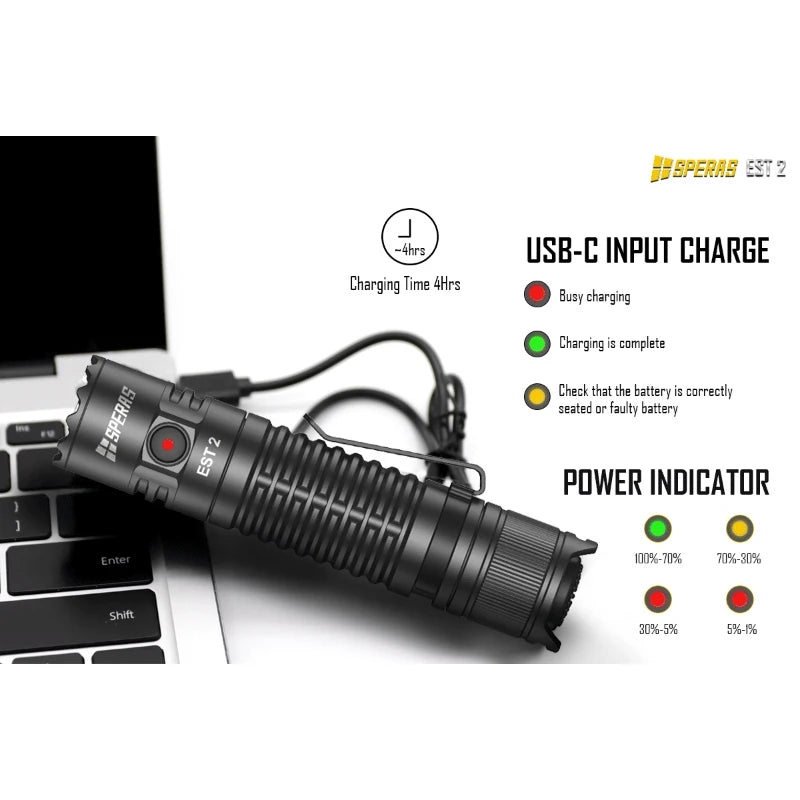 SPERAS EST2 SST-40 LED 1900Lm Type-C Rechargeable Flashlight Protable Powerful 18650 Torch EDC Flash Light IPX68 for Camping