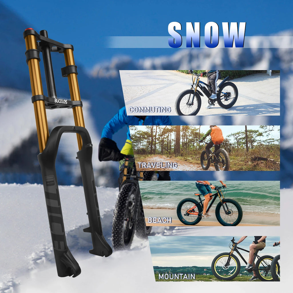 BUCKLOS 26*4.0 Snow Bike Fork Air Suspension Bicycle Fat Fork 4.0 Tire 9*135mm Mountain Bike Forks Beach E-Bike Forks