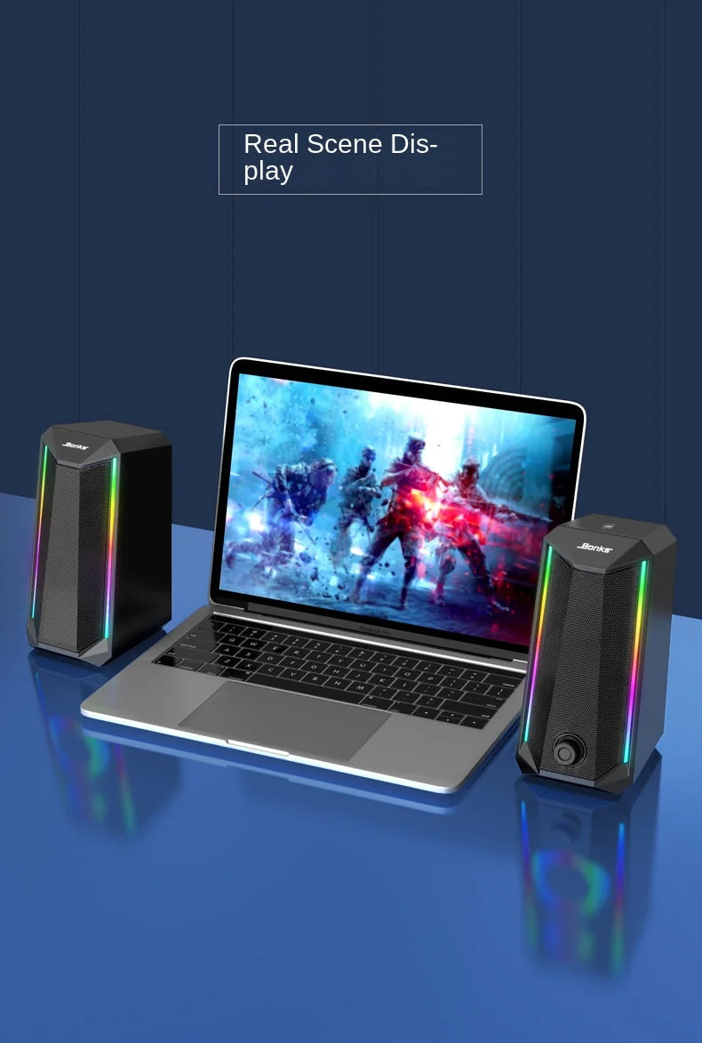 Desktop Speakers, 2.0 Channel PC Computer HiFi Stereo Gaming Speaker with Colorful LED Light Modes, Enhanced Bass and Easy-Acces