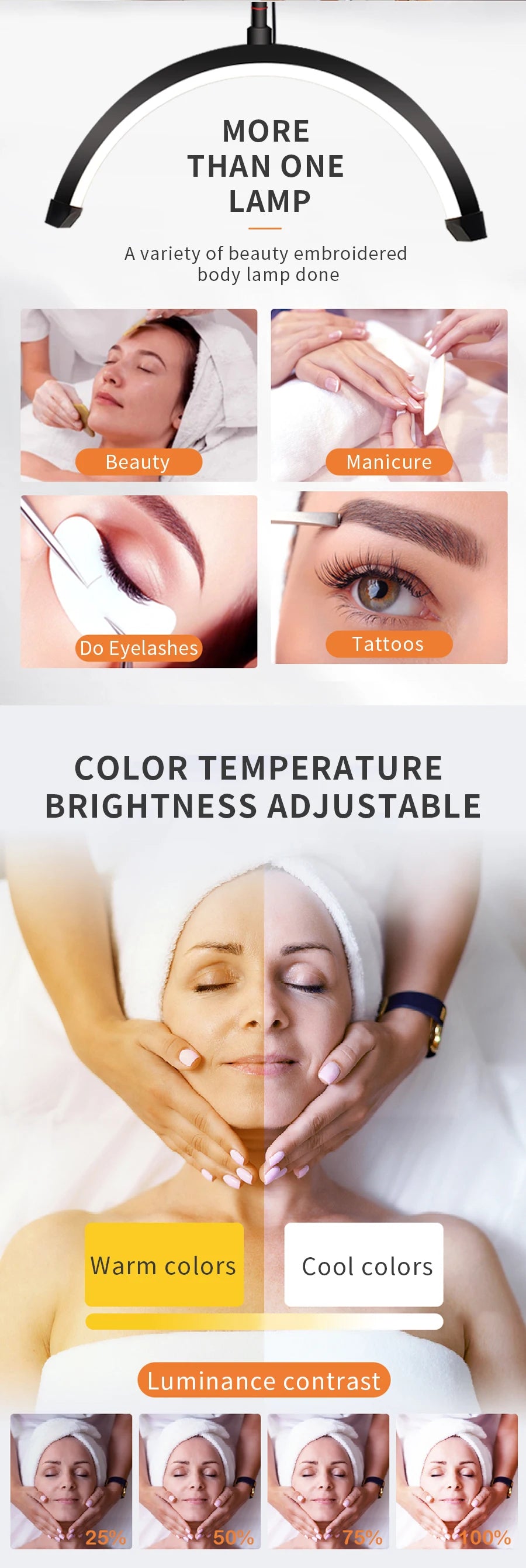 16 INCH LED Half Moon Lash Light Temperature 20W 3000K-6000K LED Ring Lamp for Beauty Facials Skincare Tattoo Eyebrows Filming