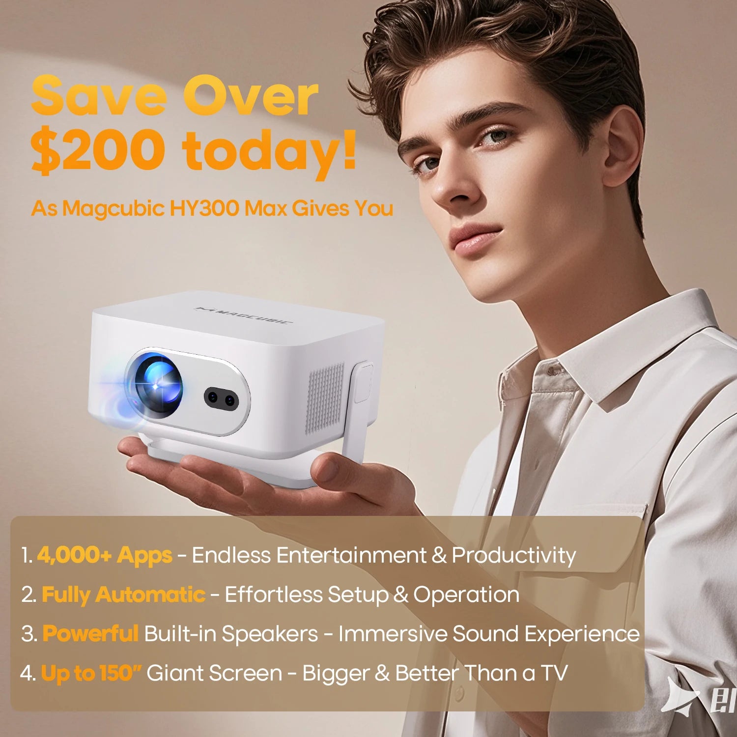 Magcubic Android 14 Auto Focus HY300MAX Portable Projector 400ANSI WiFi6 Projector Support 8K Full HD Home Outdoor Cinema HY300