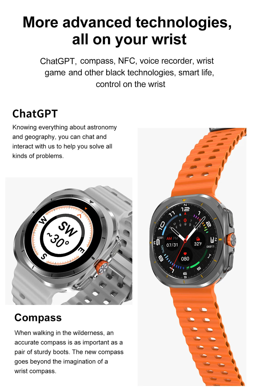 Smart Watch 7Ultra for Men ChatGPT Compass NFC 360*360 AMOLED Screen Heart Rate Monitor Bluetooth Call IP68 Waterproof Smartwat
