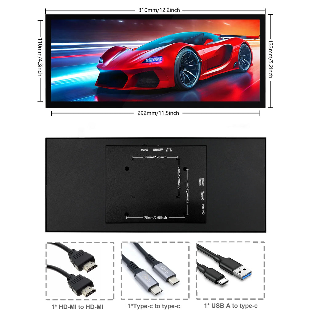 Wisecoco 12.3/11.3'' 1920x720 Touch Portable Monitor Stretched Bar Screen Gaming Monitor Not support AMD integrated graphics