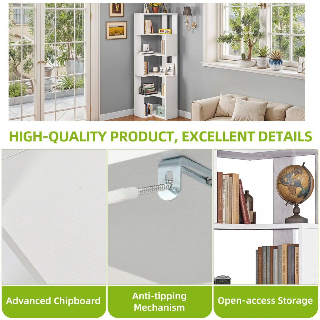YITAHOME Wooden 5-Tier Corner Bookcase - Floor Standing Display Shelf 54x40x159.5cm for Living Room/Office