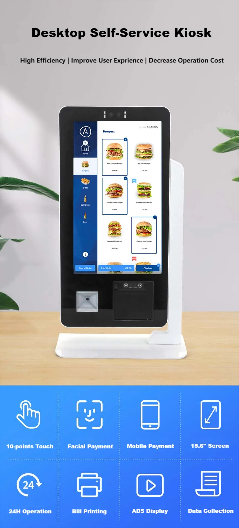 Desktop 15.6 Inch Touch Screen Kiosk Self Ordering Machine with 2D Scanner & 58mm Printer Foodcourt Unattended Payment Terminal