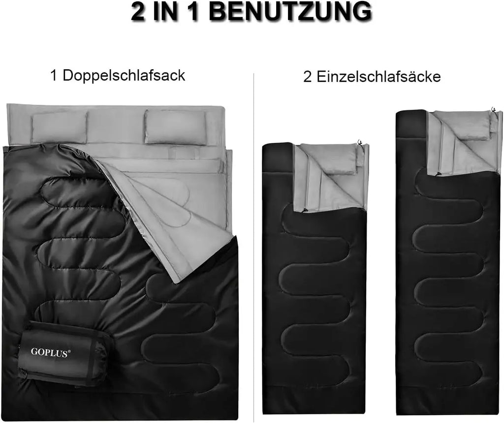 2 in 1 double sleeping bag, single sleeping bag XL, ceiling sleeping bag 2 persons/With 2 pillows/220x150cm/for camping, hiking