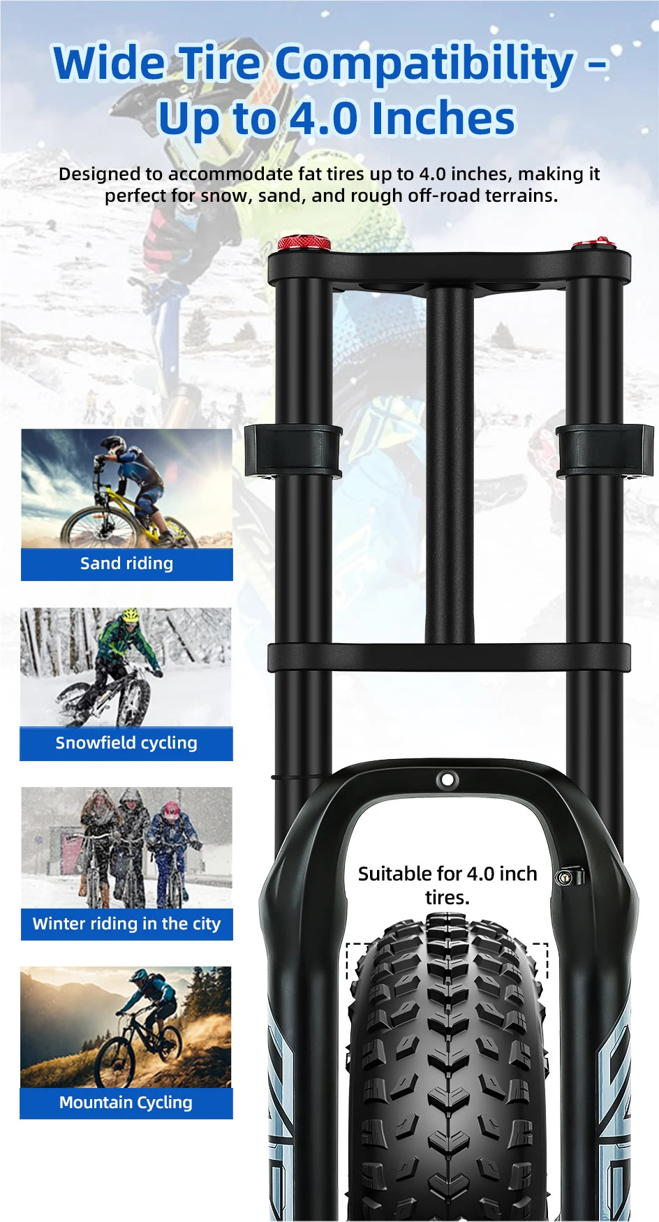 BOLANY Bicycle Snow Front Fork 20 inch 26 inch 4.0 Tire MTB Bike Fork 110mm Travel Double Shoulder Air Supension for E-Bike