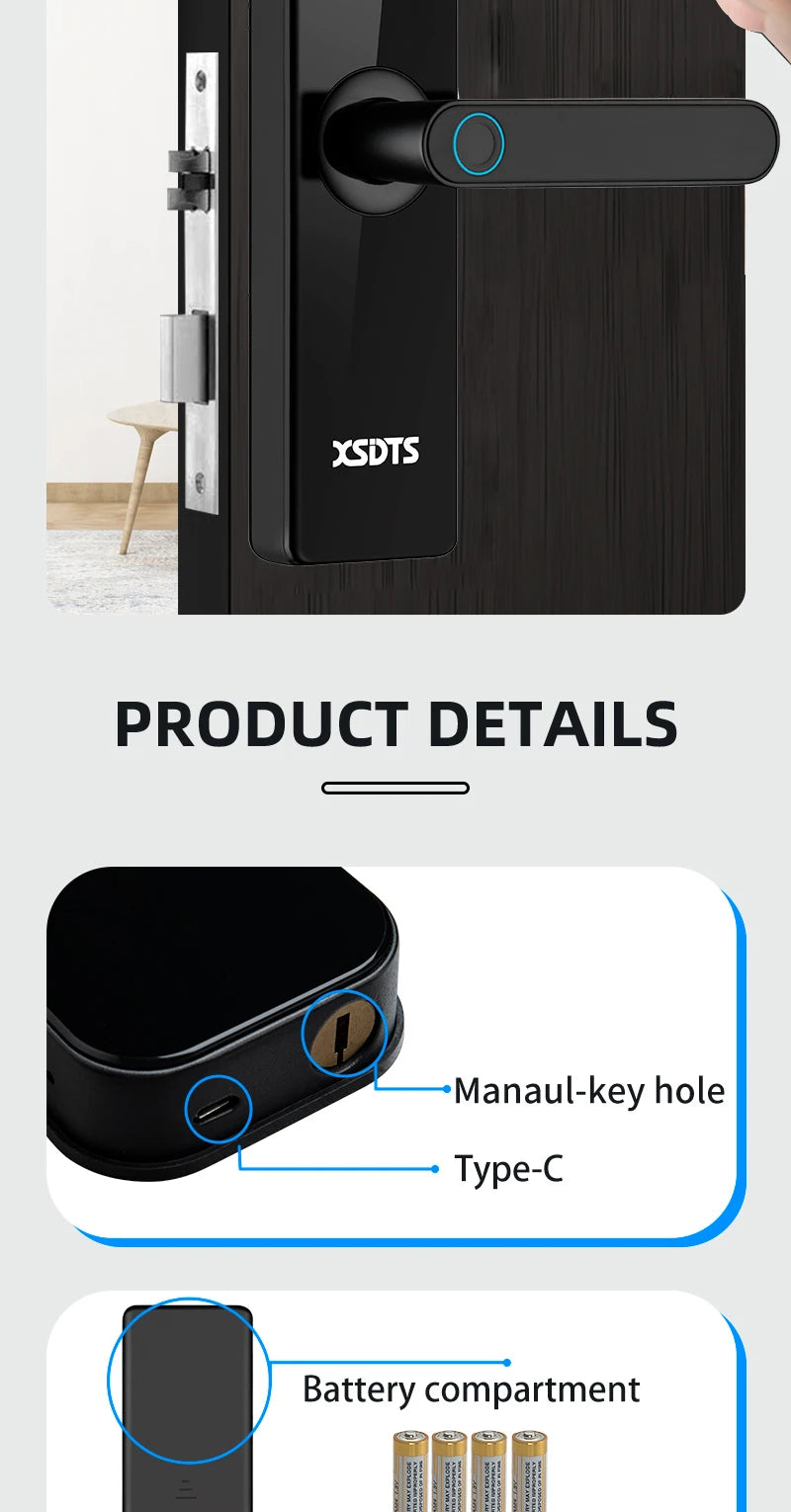Electronic Smart Door Lock With Biometric Fingerprint Smart Card Password Key Unlock USB Tuya APP Emergency Charge lock For home
