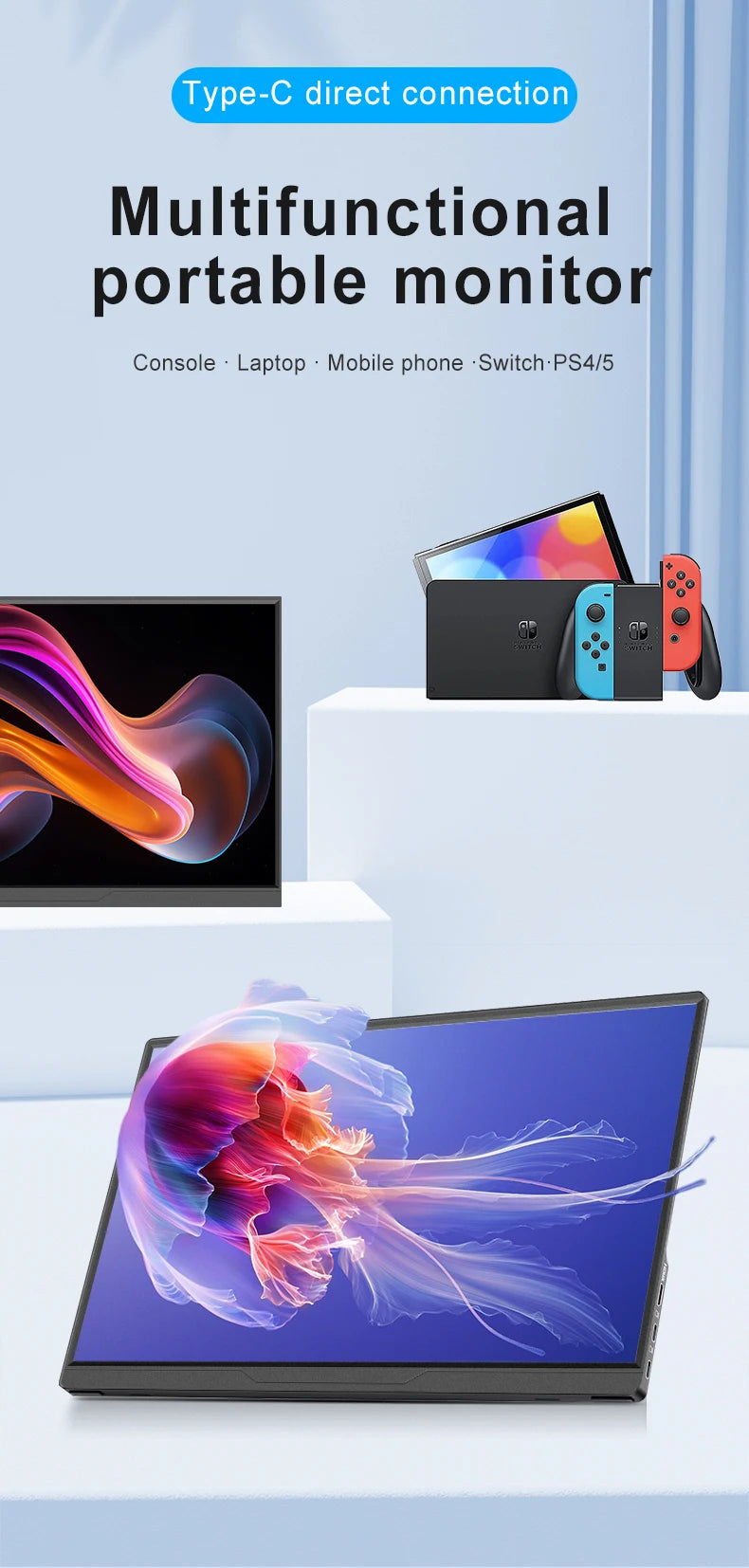 16inch Portable Monitor 120HZ 100%sRGB Display FHD External Second Computer Screen Gaming for PC Laptop Cell Phone Ps4/5 Switch