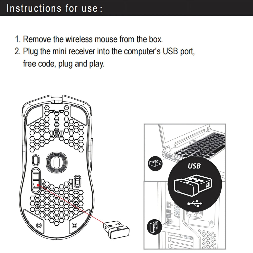 Wireless Mouse 2.4G with Built-in Rechargeable Battery, RGB Lighting, Honeycomb Design, Plug-and-Play USB